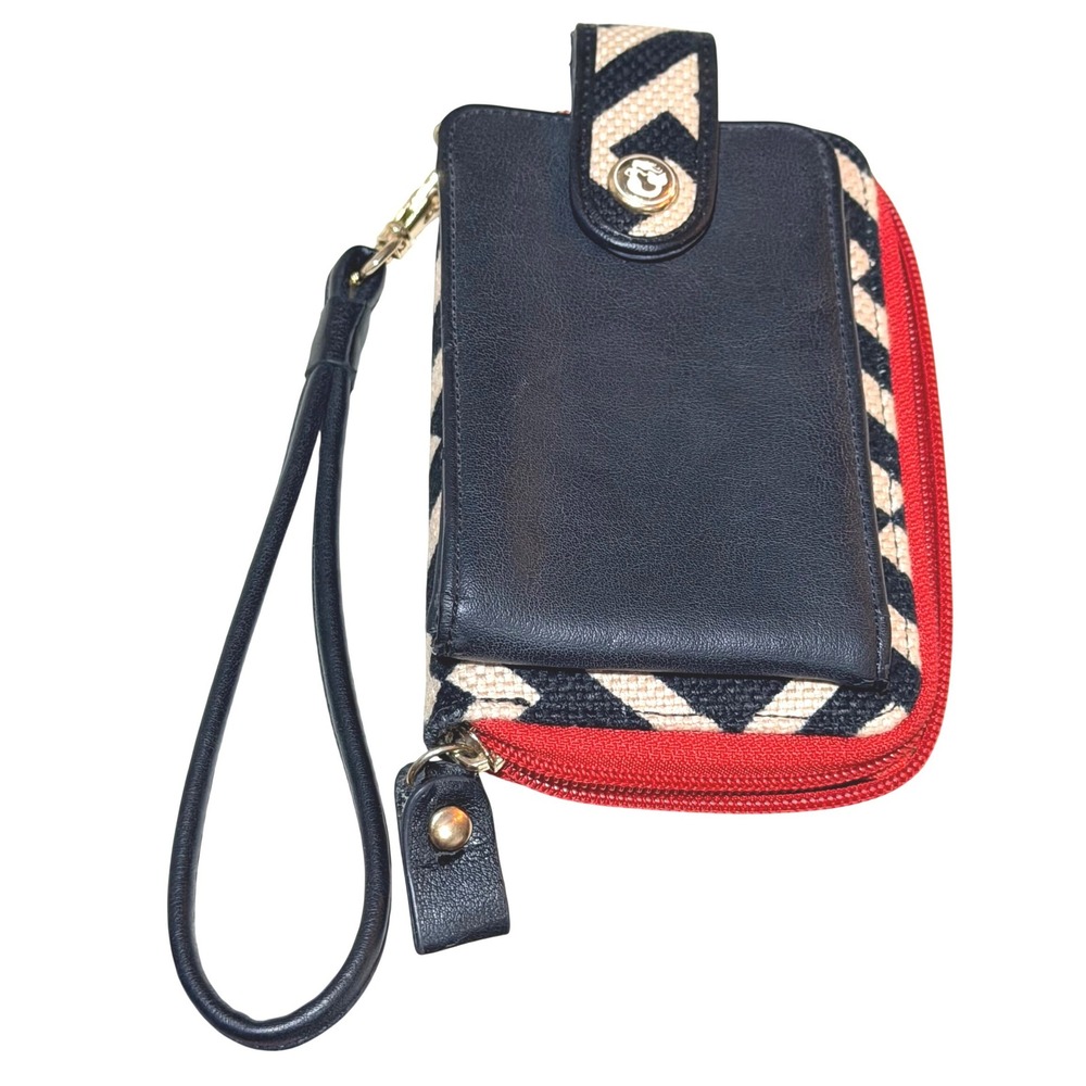 Spartina 449 Wristlet Wallet Womens Black Linen Leather Geometric Zip Phone Case
